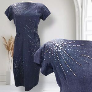 Vintage 50s 60s Beaded Fitted Cocktail Sheath Dress Size 6 Chambray Boat Neck